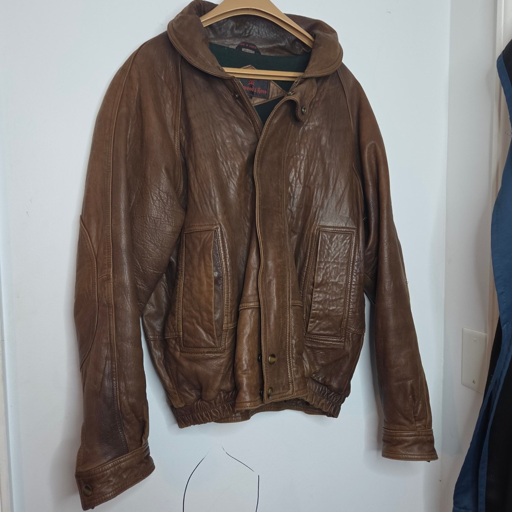Redwood & Ross Mens Brown Leather Bomber Jacket Vintage XL Full Zip‎ Collared